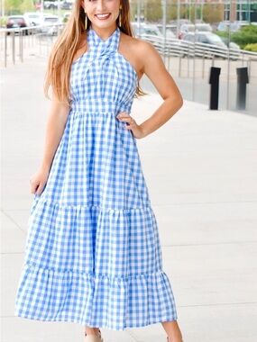 New with tags Small Blue Gingham Halter Dress - Classic Summer Style